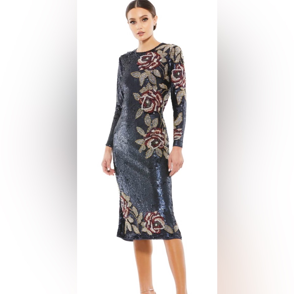 Mac Duggal Sequined Assymetrical Long Sleeve Floral Midi Dress Blue